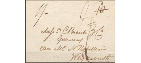 lettre ancienne (sans timbre poste mais avec nombreuses et inexpliquees mentions postales) de Guernsey / Guernesey (iles anglo-normandes) --> Weymouth (Angleterre - Royaume Uni) de 1805