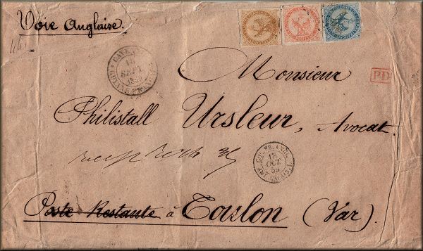lettre ancienne avec timbres poste aigle de Cayenne (Guyane - France)  --> Toulon (Var - France) du 15/09/1859 adressee à Philistall Ursleur avocat