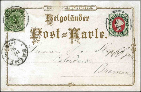 lettre ancienne (avec timbres poste et cachets) Helgoland / Heligoland --> Bremen / Brme (Allemagne) [10 aout 1890]