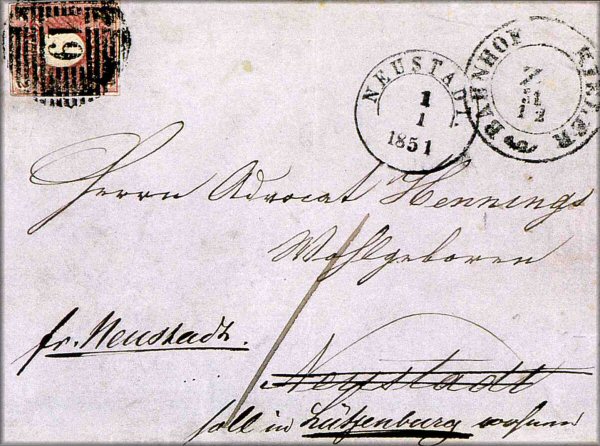 lettre ancienne (avec timbre poste et cachets postaux) de Kiel (Holstein - Allemagne) --> Lutjenbug (Holstein - Allemagne) via Neustadt in Holstein du 31 decembre 1850
