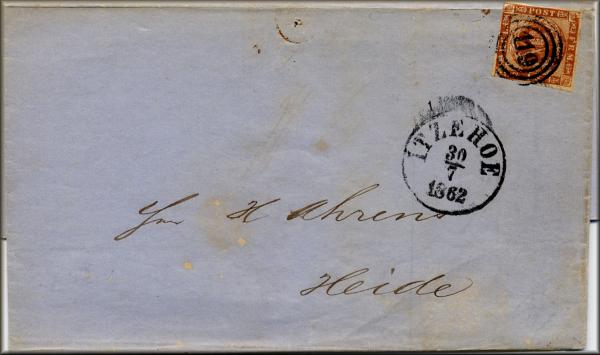 lettre ancienne (avec timbre poste et cachet postal) Itzehoe (Holstein - Allemagne) --> Heide 30/07/1862