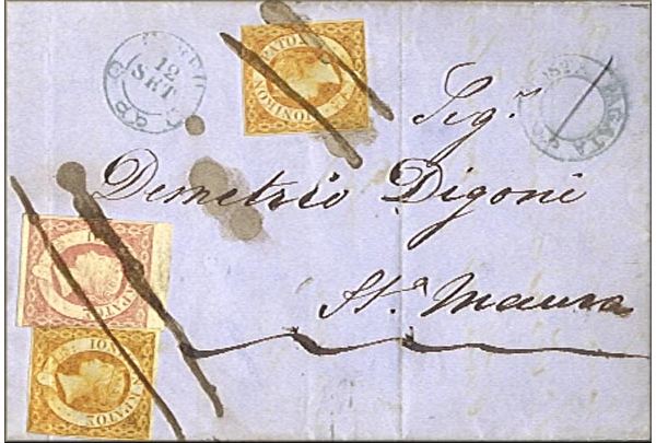lettre ancienne (avec timbres de la Reine Victoria et cahcrts postaux) de Corfou (iles Ioniennes - Grece) --> Santa Maura / Sainte Maure / Lefkas / Leucade du 12 septembre 1859