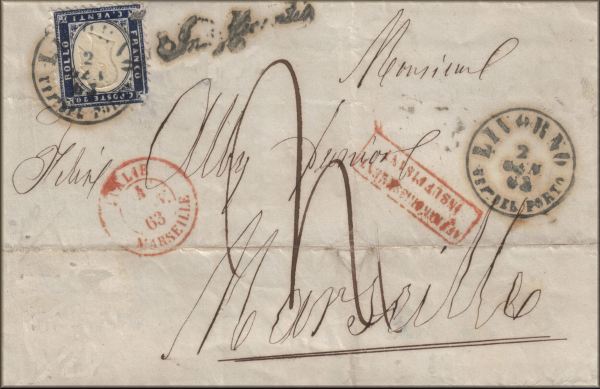 lettre ancienne (avec 1 timbre poste et 4 cachets) de Livorno / Livourne (Toscane - Italie) --> Marseille (Bouches du Rhone - France) du 2 janvier 1863