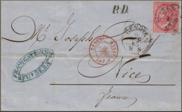 lettre ancienne (avec 1 timbre poste et 5 cachets) de Genova / Genes (Ligurie - Italie) --> Nice (Alpes maritimes - France) du 6 juillet 1865
