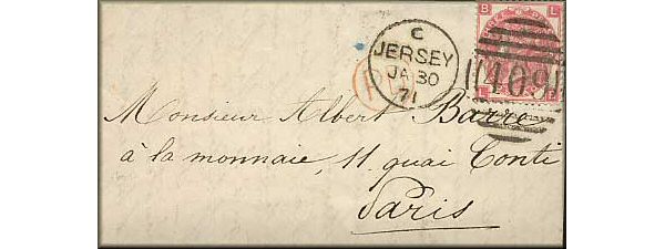 lettre ancienne pour Albert Barre graveur des timbres du second empire (avec timbre poste britannique et avec cachets postaux) de Millbrokk (Jersey) --> Paris (France) via Londres / London (UK) du 30 janvier 1871