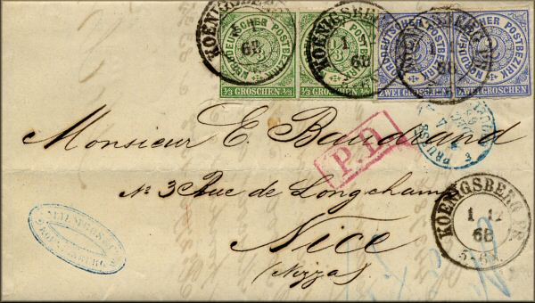 lettre ancienne (avec 4 timbres poste et avec cachets postaux) de Konigsberg / Koenigsberg / Kaliningrad (Prusse orientale / Russie) --> Nice / Nizza  (France) via Erquelines du premier decembre 1868