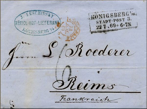 lettre ancienne (sans timbre poste de Prusse avec cachets postaux) de Konigsberg / Koenigsberg / Kaliningrad (Prusse orientale / Russie) --> Reims (Champagne - France) du 22 juillet 1869