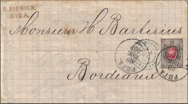 lettre ancienne (avec 1 timbre poste et 3 cachets) : Riga (Lettonie / Latvia) --> Bordeaux (Gironde - France) du 20 juin 1878