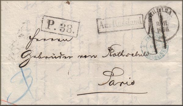 lettre ancienne (sans timbre poste avec cachets en allemand et russe cyrillique) : Liebau / Liepaja (Lettonie / Latvia) --> Paris (Seine - France) du 4 novembre 1866