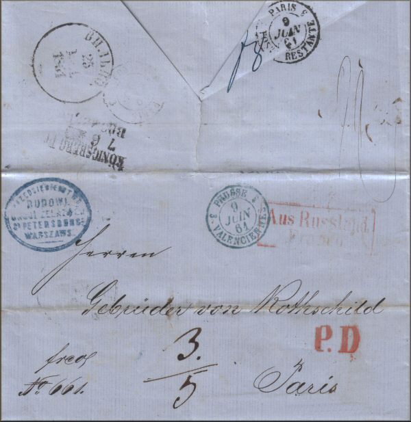 lettre ancienne (avec nombreux cachets) de Wilna / Wilno / Vilnius (Lituanie / Lithuanie) --> Paris (France) via Konigsberg / Koenigsberg / Kaliningrad (Prusse orientale) du 25 mai 1861