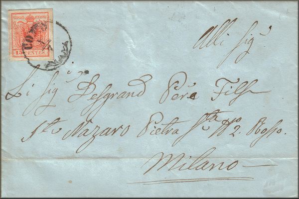 lettre ancienne (avec 1 timbre poste et 1 cachet postal) de Como / Come (Lombardie - Italie) --> Milano / Milan (Italie / Italia) du 1er juillet 1858