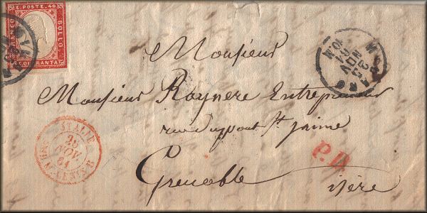 lettre ancienne (avec 1 timbre poste et 4 cachets postaux) de Milano / Milan (Lombardie - Italie) --> Grenoble (Isere - France) du 25 novembre 1861