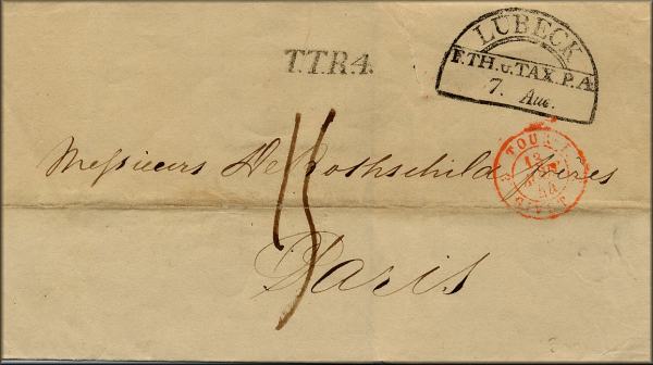 lettre ancienne (sans timbre poste avec cachets postaux) Lubeck (Allemagne) --> Paris (France) 07/08/1844