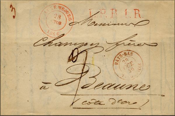 lettre ancienne (sans timbre poste avec cachets) de Luxembourg ville / Luxemburg / Letzebuerg --> Beaune (Cote d'or - France) du 28 octobre 1846