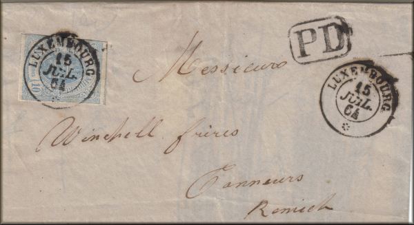 lettre ancienne (avec 1 timbre et 3 cachets) de Luxembourg ville / Letzebuerg / Luxemburg / Lezebuurg --> Remerich (Luxembourg / Letzebuerg / Luxemburg / Lezebuurg) du 15 juillet 1864