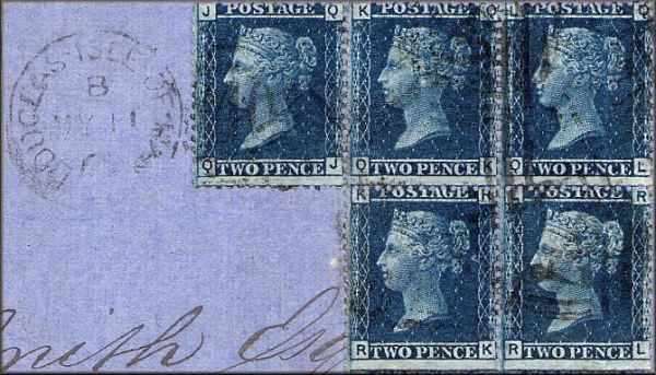 fragment de lettre ancienne de Douglas (ile de Man / isle of Man) du 11 mai 1865 avec un bloc de cinq timbres poste Victoria Two Pence et un cachet postal