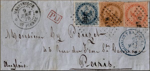 lettre ancienne (avec timbres poste aigle et cachets postaux) Saint Pierre (Martinique) --> Paris - 09 /08/1870