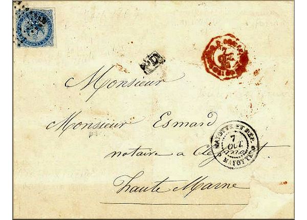 lettre ancienne (avec timbre poste aigle et cachets postaux) Mayotte (Comores - France) --> Chaumont (Haute Marne) du 7 octobre 1867