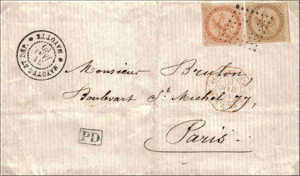 lettre ancienne (avec timbres poste aigle et cachets postaux) Mayotte (Comores - France) --> Paris (Seine - France) via Suez et Marseille du 31 janvier 1869