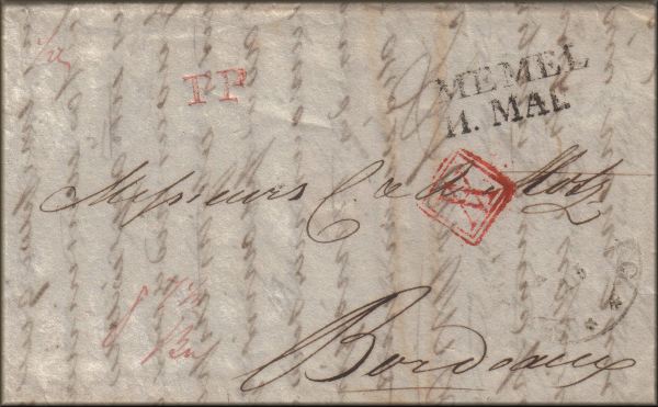 lettre ancienne (sans timbre poste mais avec nombreux cachets postaux) de Saint Petersbourg / Sankt Peterburg (Russie) --> Bordeaux (Gironde - France) via Memel / Klaipedia (Lituanie) du 24 avril 1825