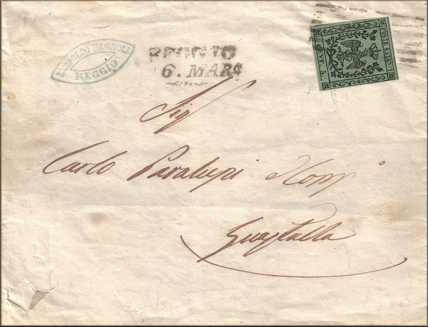 lettre ancienne (avec 1 timbre et 3 cachets) : Reggio Emilia (Emilie Romagne - Italie) --> Guastalla (Emilie Romagne - Italie) - 6 mars 1857