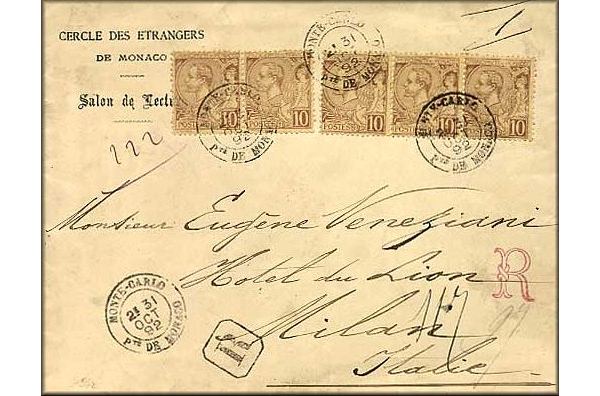 lettre recommandee ancienne (avec 5 timbres poste et 6 cachets) : Monte Carlo (principaute de Monaco) --> Milan / Milano (Italie) du 31 octobre 1892