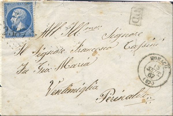 lettre (avec timbre francais Napoleon IIII et cachets postaux) de Monaco --> Perinaldo / Ventimiglia (italie) du 18 septembre 1867