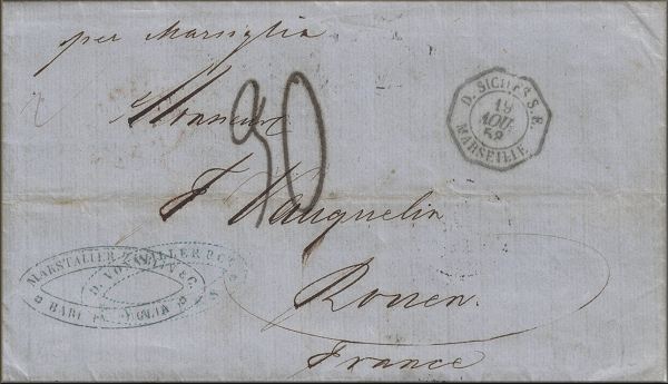 lettre ancienne (sans timbre poste et 3 cachets) : Bari (Pouilles - Italie) --> Rouen (Seine maritime - France) via Marseille et Paris (France) - 13 aout 1858
