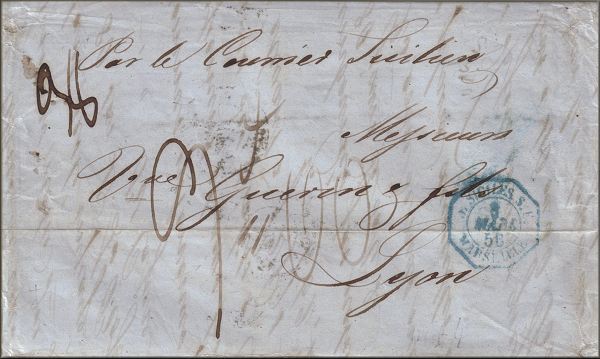 lettre ancienne (sans timbre poste avec 1 cachet) : Naples / Napoli (Campanie - Italie) --> Lyon (Rhone - France) via Marseille (France) - 3 mars 1856