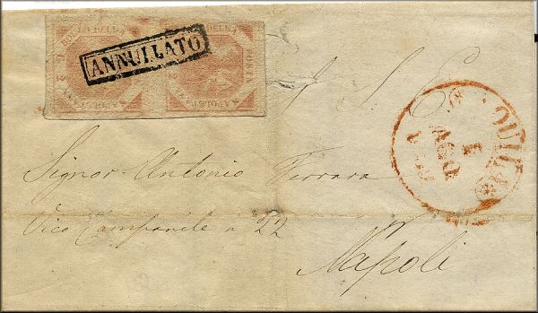 lettre ancienne (avec 2 timbres postes et 2 cachets postaux) de L'Aquila (Abruzzes - Italie) --> Naples / Napoli (Campanie - Italie) - 5 aout 1859