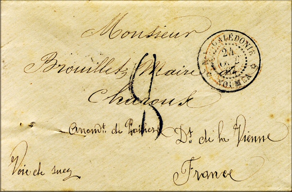 lettre ancienne (avec cachets postaux) Noumea (Nouvelle Caledonie - France) --> Charroux (Vienne - France) - 24 octobre 1867