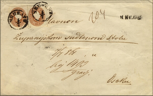 lettre ancienne recommandee (avec timbres poste autrichien et avec cachets postaux) de Neusatz / Neusatza / Novi Sad (Voivodine / Vojvodina - Serbie / Srbija / Serbia) --> Osijek / Essegg/ Esseg / Eszek (Slavonie / Croatie) du 5 juillet 1862