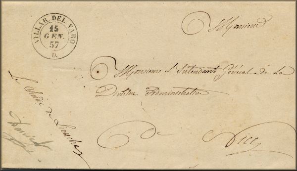 lettre ancienne (sans timbre poste avec cachet de franchise postale) Lieuche (Alpes Maritimes) --> Nice (via Villars sur Var / Villar del Varo) - 15/01/1857