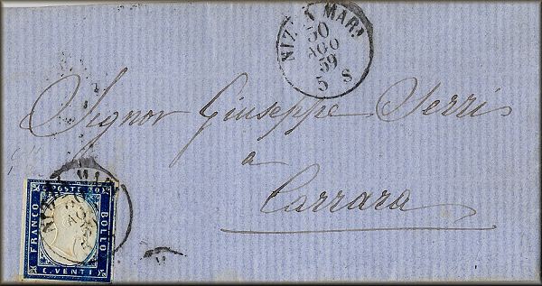 lettre ancienne (avec timbre poste et cachet postal) Nice / Nizza Marittima --> Carare  / Carrara (Italie) - 30/08/1859