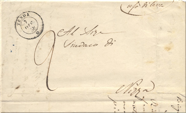 lettre ancienne (sans timbre poste et avec cachet postal) de Tende / Tenda  --> Nice / Nizza Marittima (Alpes Maritimes) du 7 decembre 1858