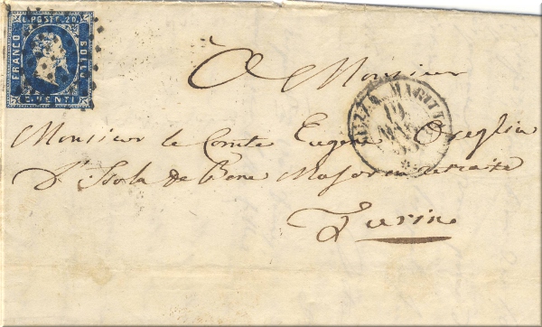 lettre ancienne (avec timbre poste et cachet postal) de Nice / Nizza Marittima (Alpes Maritimes) --> Torino / Turin via Genes / Genova du 19 mai 1853