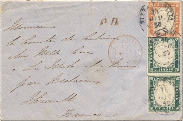 lettre ancienne (avec timbres poste et cachets postaux) de Nice / Nizza Marittima (Alpes Maritimes) --> Bedarieux (Herault) du 15 juin 1857