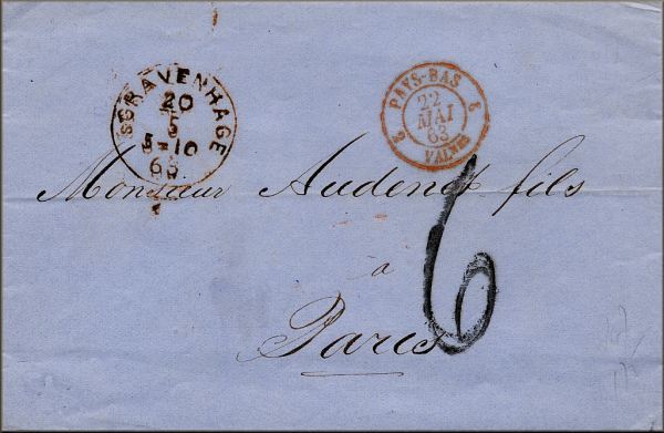 lettre ancienne (avec cachets postaux sans timbre poste) de 's-Gravenhage / den Haag / la Haye (Pays Bas / Hollande) --> Paris (Seine - France) du 20 mai 1863