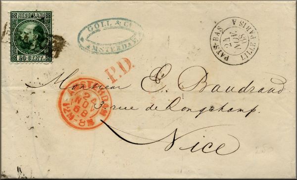 lettre ancienne (avec timbre poste et cachets postaux) de Amsterdam (Hollande / Pays Bas) --> Nice (Alpes Maritimes / France) du 24 novembre 1868
