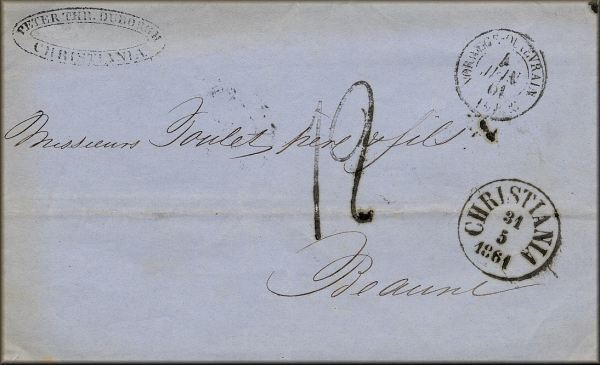 lettre ancienne (sans timbre poste - avec cachets postaux) de Christiania / Oslo (Norvege / Norge / Noreg) --> Beaune (Cote d'Or - France) du 31 mai 1861 (de Peter Thr Duborg --> Poulet pere et fils)
