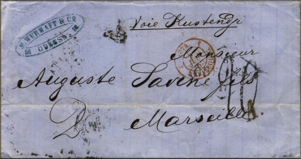 lettre ancienne (sans timbre poste mais avec cachets postaux) de Odessa (Ukraine) --> Marseille (Bouches du Rhone - France) via Kustendje / Constanza, Vienne / Wien, Strasbourg et Paris du 17 mai 1865