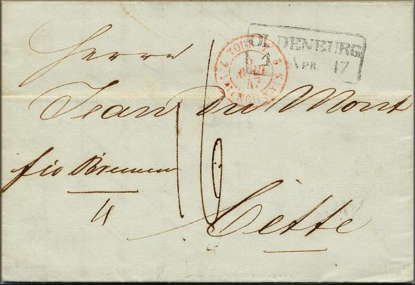 lettre ancienne (sans timbre poste avec cachets postaux) Oldenbourg / Oldembourg / Oldenburg --> Sète 01/04/1847