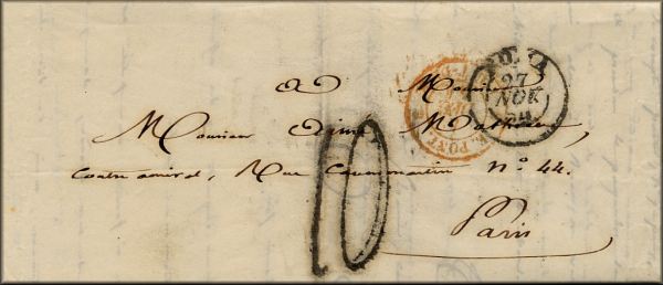 lettre ancienne (sans timbre poste et 2 cachets) : Rome / Roma (Latium - Italie) --> Paris (Seine - France) via Pont de Beauvoisin (Isere / Savoie - France) - 27 novembre 1854