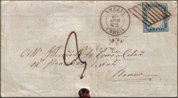 lettre ancienne (avec 1 timbre poste et 2 cachets) d'Amelia (Ombrie / Umbria - Italie) --> Rome / Roma (Italie / Italia) du 26 avril 1862