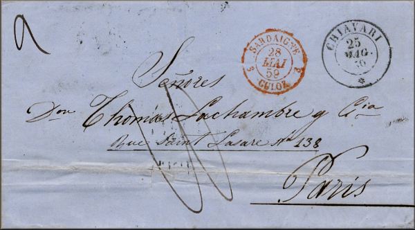 lettre ancienne (sans timbre poste avec 2 cachets) : Chiavari (Ligurie - Italie) --> Paris (Seine - France) via Culoz (France) - 25 mai 1859