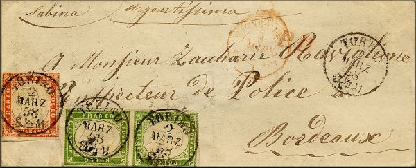lettre ancienne de l'inspecteur de police Zacharie Raviglione (avec 3 timbres poste et 5 cachets) de Turin / Torino (Piemont - Italie / Italia) --> Bordeaux (Gironde - France) du 2 mars 1858