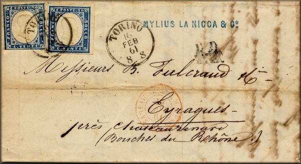 lettre ancienne (avec 2 timbres poste et 3 cachets postaux) de Turin / Torino (Piemont - Italie) --> Eyrargues (Bouches du Rhone - France) du 16 fvrier 1861