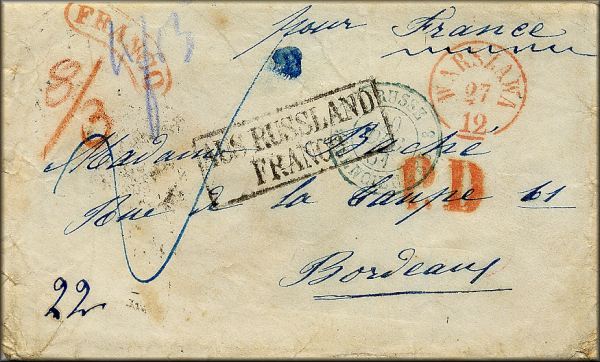 lettre ancienne (sans timbre poste avec nombreux cachets postaux) de Warszawa / Varsovie (Pologne) --> Bordeaux (Gironde - France) du 27 decembre 1861