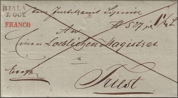 lettre ancienne (sans timbre poste avec cachet postal) de Biala / Bielsko-Biala (Galicie - Pologne) --> Triest / Trieste (Italie) du 7 octobre 1846