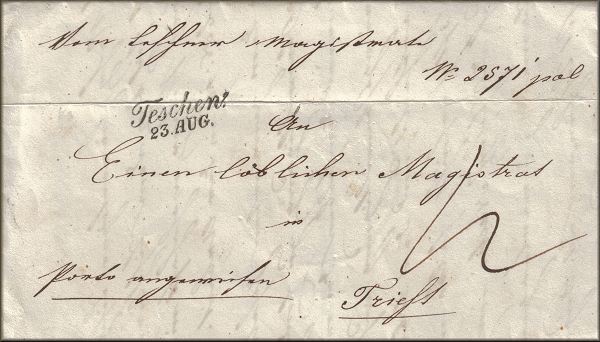 lettre ancienne (sans timbre poste avec cachet postal) de Teschen / Cieszyn (Pologne) --> Triest / Trieste (Italie) du 23 aout 1842